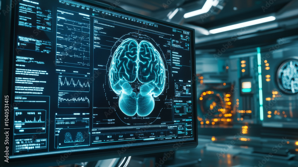 A virtual hologram interface displaying an X-ray scan of a human brain on a futuristic HUD screen, representing advanced medical technology concepts for future healthcare.
A virtual hologram interface displaying an X-ray scan of a human brain on a futuristic HUD screen, representing advanced medical technology concepts for future healthcare.