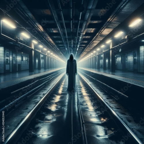 Sinister Cloaked Figure in Subway Tunnel