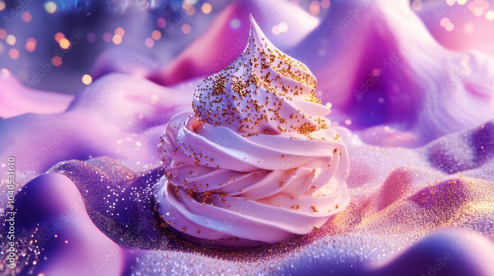 Delicate pink swirl of soft-serve ice cream adorned with golden sprinkles on a shimmering purple surface Delicate pink swirl of soft-serve ice cream adorned with golden sprinkles on a shimmering purple surface