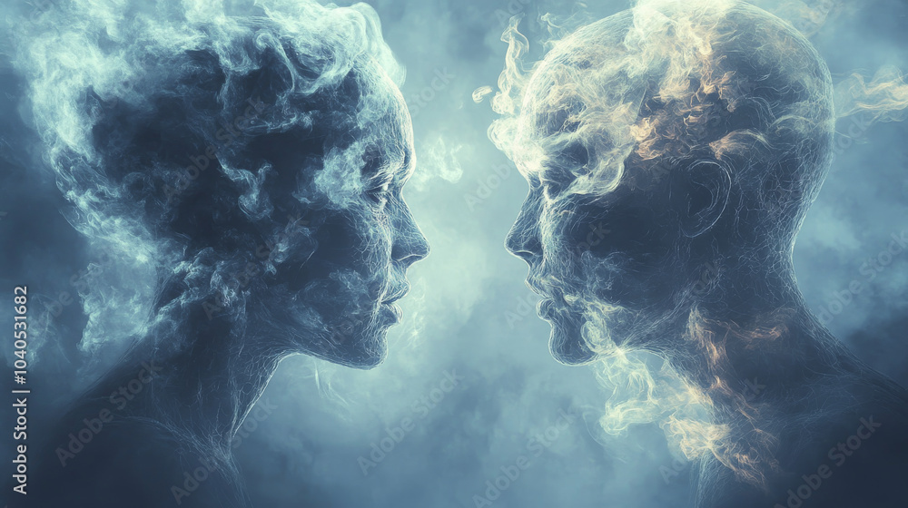 Illustration of two opponents in visual contact, engaging in face-to-face communication through telepathy, representing the concept of mind reading and an inner battle.
Illustration of two opponents in visual contact, engaging in face-to-face communication through telepathy, representing the concept of mind reading and an inner battle.