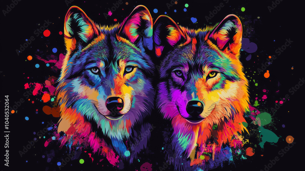 An abstract pop art-style portrait of a pair of wolves, featuring neon colors and watercolor splashes on a black background, created as digital vector graphics.



