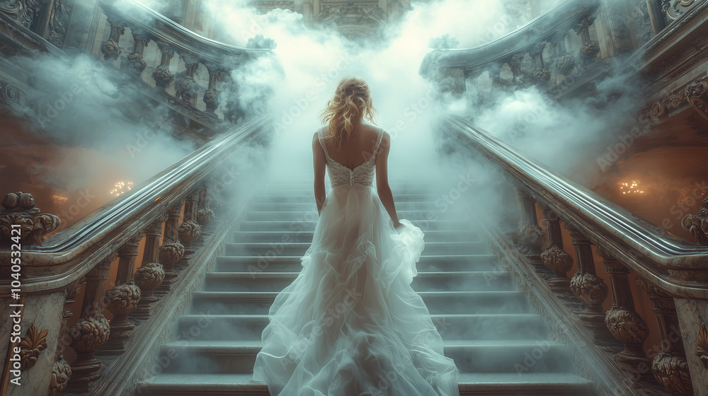 Woman in a lace dress, walking the stairs. Woman in a lace dress, walking the stairs.
