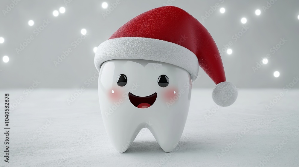 Smiling Tooth Mascot in Santa Hat with Festive Lights Smiling Tooth Mascot in Santa Hat with Festive Lights