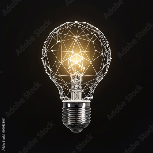 On a black background, a polygonal, bright, warm white light source. Concept using a triangle in geometry. 

 photo