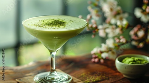 A green non-alcoholic cocktail with the taste of a green apple is on the bar counter photo