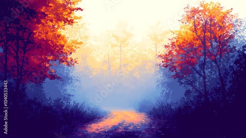 Autumn hidden in fog, , creating a calm and atmospheric landscape.