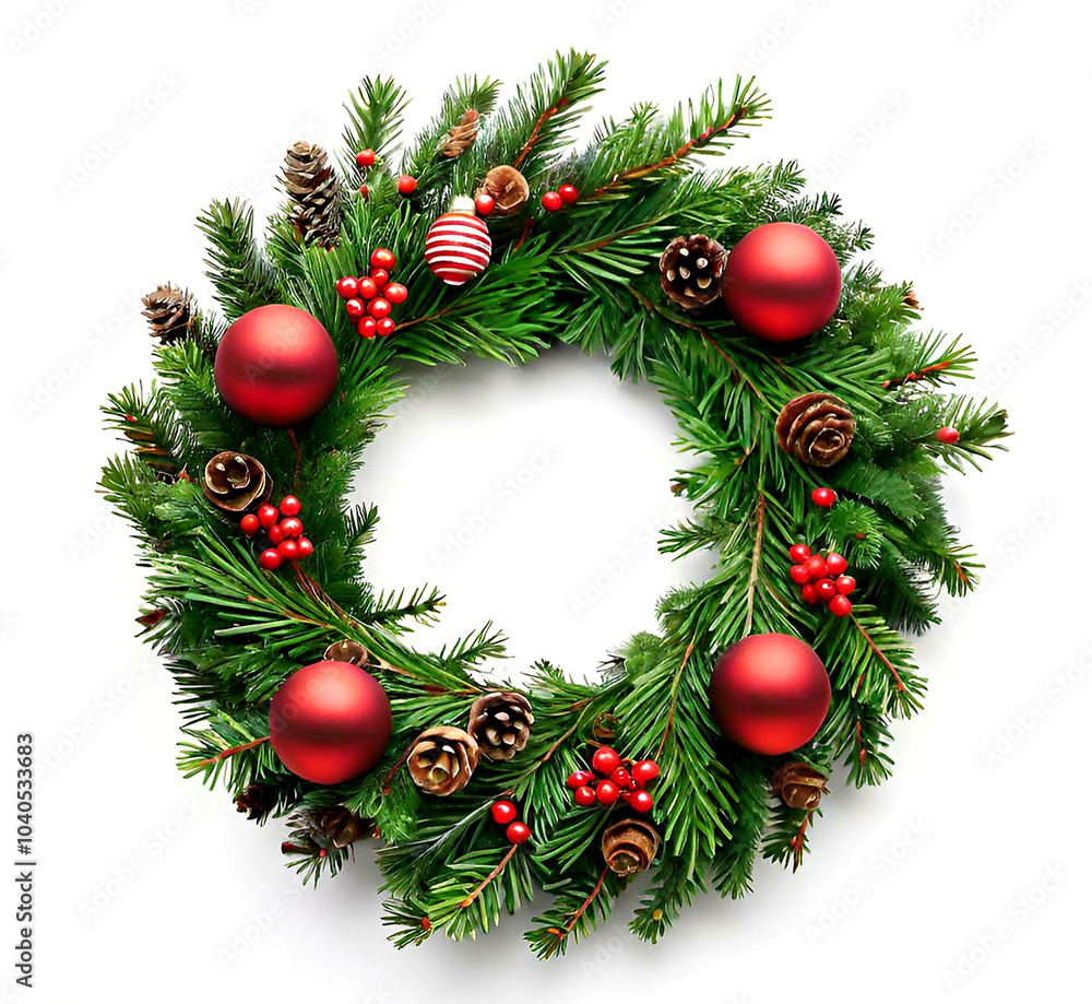 Christmas wreath with red balls, berries and pine cones on white background Christmas wreath with red balls, berries and pine cones on white background