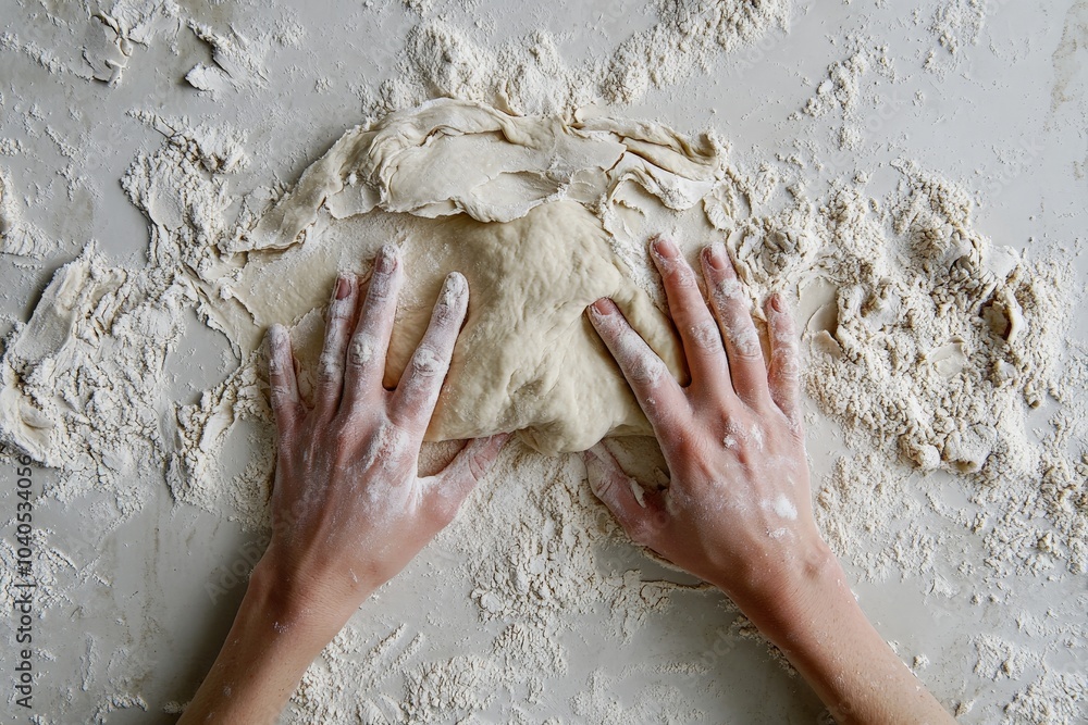 Fototapeta premium Hands are skillfully kneading dough on a tabletop dusted with flour, showcasing the rich tradition and artistry in the process of creating handmade bread delicacies.
