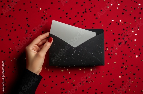 A hand holding a white envelope beside a black card on a red table with scatt...