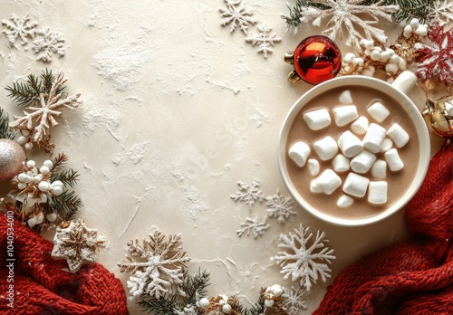 Warm cup of hot chocolate with marshmallows surrounded by festive decorations...