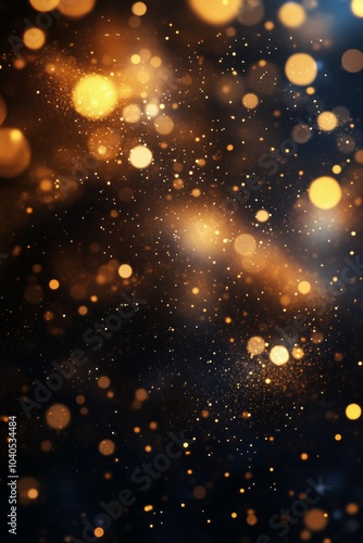 Golden and blue particles float in a mesmerizing light against a dark background