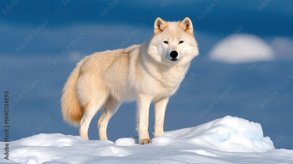 Obraz premium The white wolf gazes intently from its icy perch, illuminated by the full moon, creating a captivating winter atmosphere