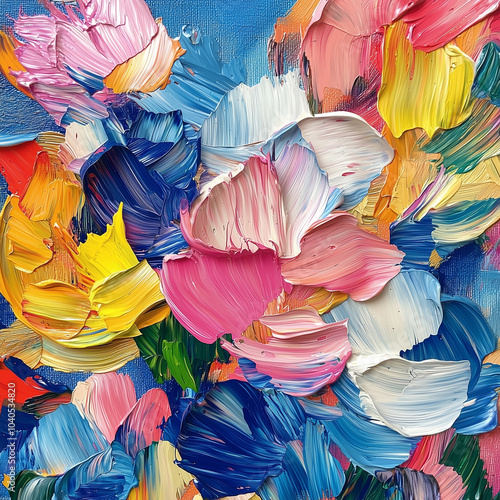 thick brush strokes form vibrant petals in a lively abstract floral painting with multicolored layers