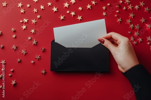 A hand holding a white envelope beside a black card on a red table with scatt...