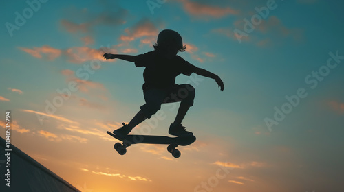 Boy skateboarder jumps Skateboarder Flying photo