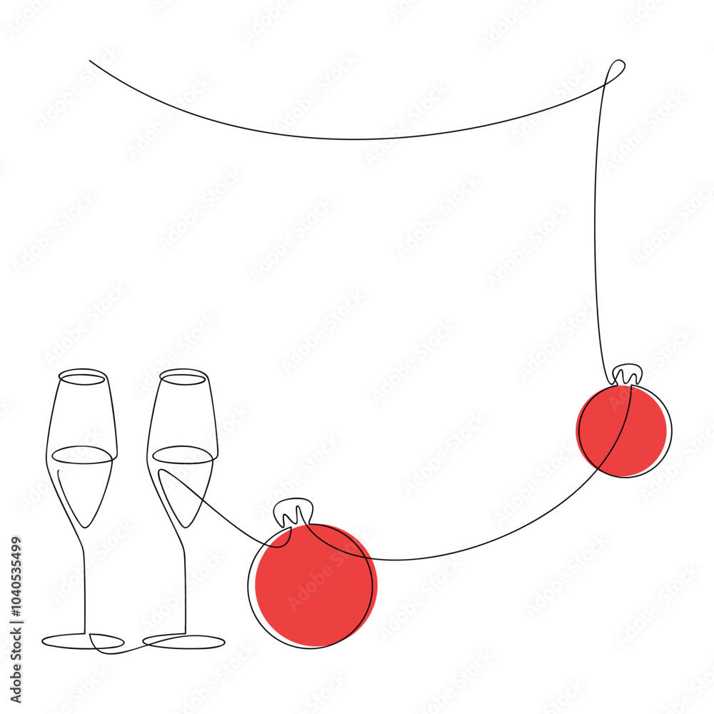 Hand drawn champagne glass vector. Red Christmas tree ball ornament. One line continuous drawing. Christmas linear icon. Festive print, poster, postcard, greeting card, cartoon, doodle, celebration Hand drawn champagne glass vector. Red Christmas tree ball ornament. One line continuous drawing. Christmas linear icon. Festive print, poster, postcard, greeting card, cartoon, doodle, celebration