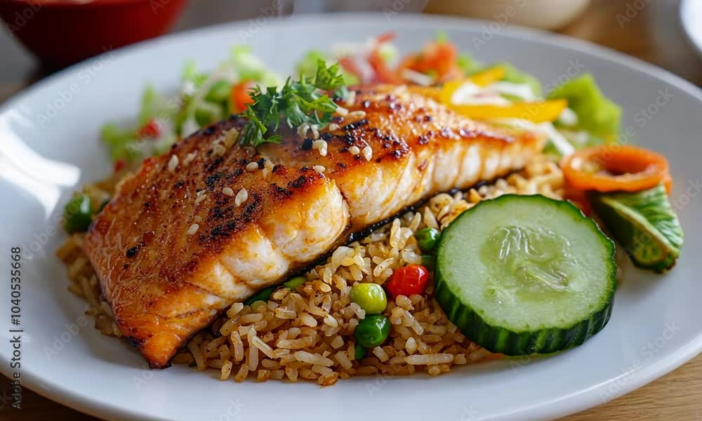 A delicious plate of grilled salmon served with fried rice and fresh vegetables. A delicious plate of grilled salmon served with fried rice and fresh vegetables.