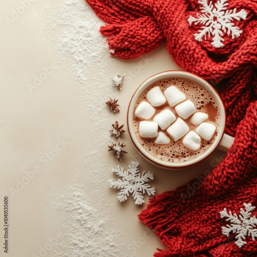 A warm cup of hot chocolate with marshmallows on a cozy red scarf during wint...