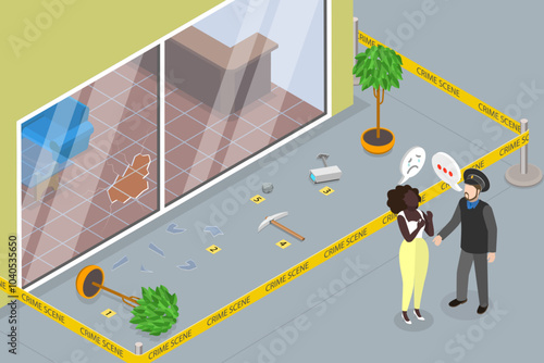 3D Isometric Flat Vector Illustration of Crime Scene, Store Robbery