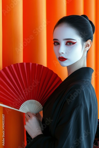 Young woman in traditional attire posing with a fan against a vibrant orange ...