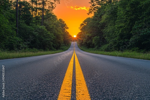 A serene winding road through lush greenery at sunset in rural America
