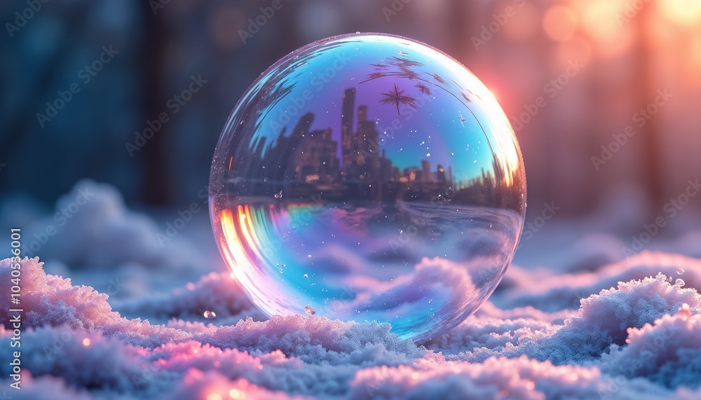 Magical snow globe with cityscape in iridescent colors representing dreams and possibilities Magical snow globe with cityscape in iridescent colors representing dreams and possibilities