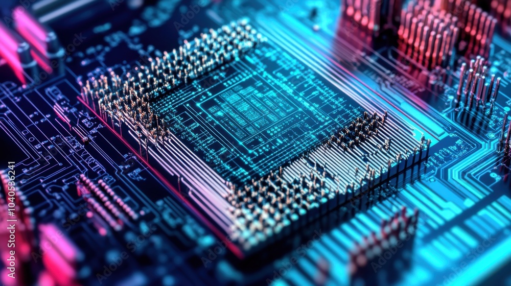 A detailed close-up of a quantum computing chip layout, illustrating qubit arrangement and connectivity for quantum information processing, Quantum computing technology style A detailed close-up of a quantum computing chip layout, illustrating qubit arrangement and connectivity for quantum information processing, Quantum computing technology style