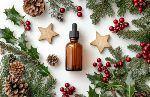 Aromatic holiday essence bottle surrounded by festive decorations and greenery