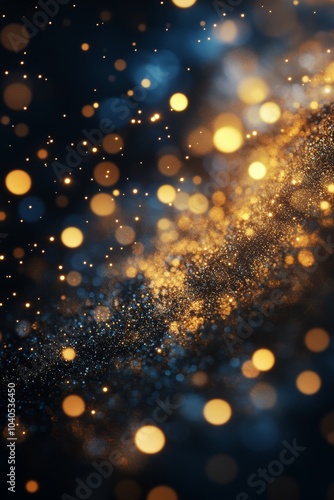 Golden and blue particles float in a mesmerizing light against a dark background