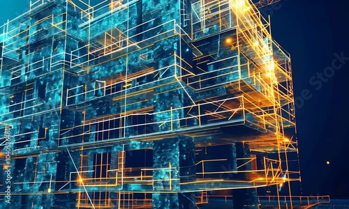 A digital representation of a construction site with scaffolding and cranes in a futuristic style.