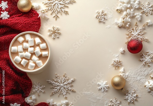 Warm cup of hot chocolate with marshmallows surrounded by festive decorations...