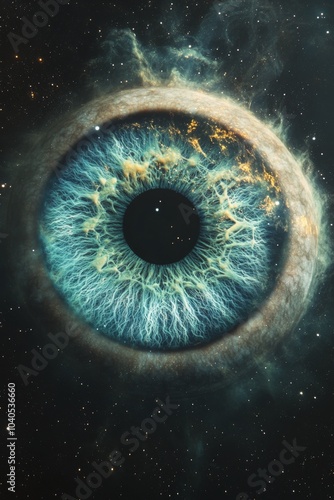 An abstract cosmic representation resembling an eye in a galaxy with vibrant ...