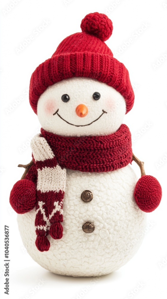 Fototapeta premium A cheerful snowman wearing a red hat and scarf stands on a snowy surface, embodying the spirit of winter and festive cheer