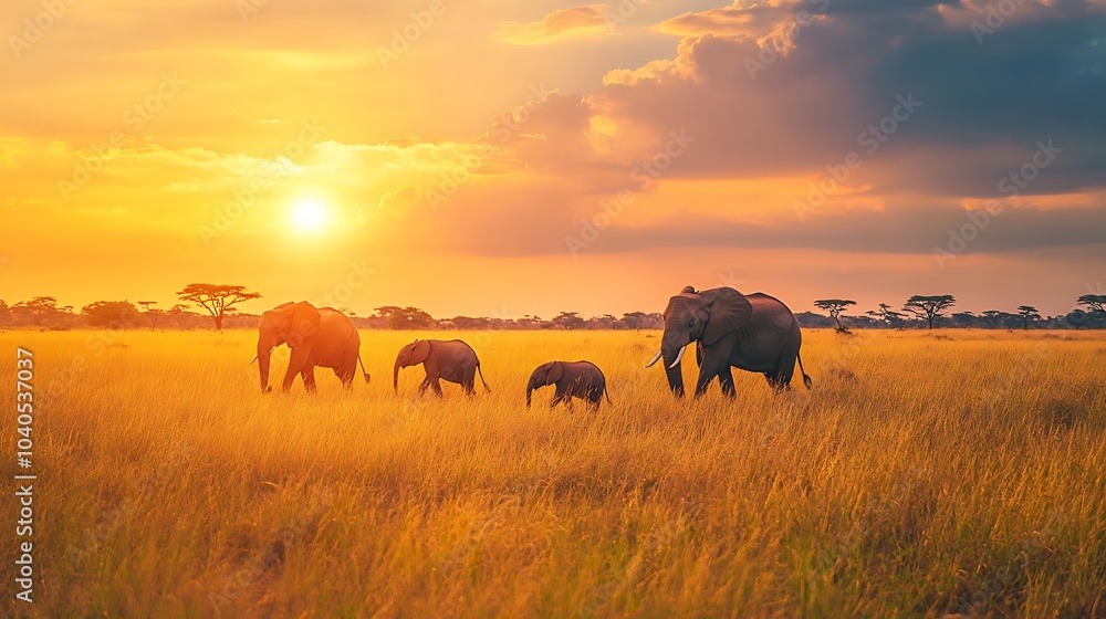 Fototapeta premium A family of elephants walking through the tall grass of the savanna, the sun setting behind them 