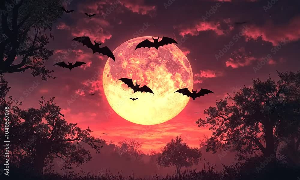 A dramatic night scene featuring a large moon, bats, and a colorful sky. A dramatic night scene featuring a large moon, bats, and a colorful sky.