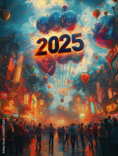 Crowds gather celebrate grand arrival of 2025 with glowing balloons and festivities. AI Generative photo