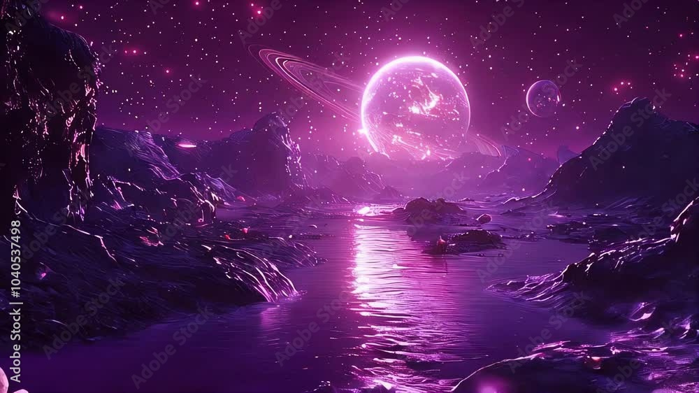 Alien Landscape with Crystals and Planetary Rings. Science Fiction Day Alien Landscape with Crystals and Planetary Rings. Science Fiction Day