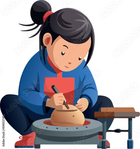 Young woman making pottery on a pottery wheel