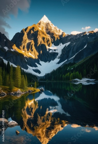 majestic mountains dramatically reflecting tranquil surface serene lake surrounded lush greenery clear blue skies, mountainous, landscape, nature, view photo