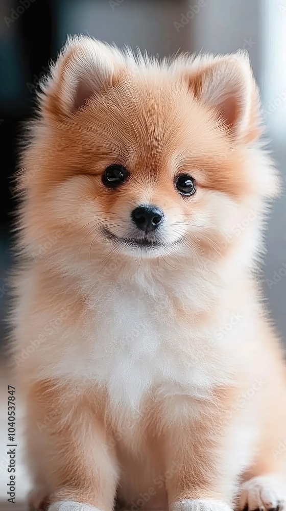 An orange Pomeranian dog appears to smile while looking at the camera with bright brown eyes, set against a dark gray backdrop An orange Pomeranian dog appears to smile while looking at the camera with bright brown eyes, set against a dark gray backdrop