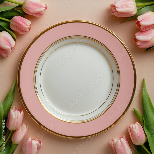 Elegant pink plate with gold accents surrounded by fresh tulips on a soft pas...