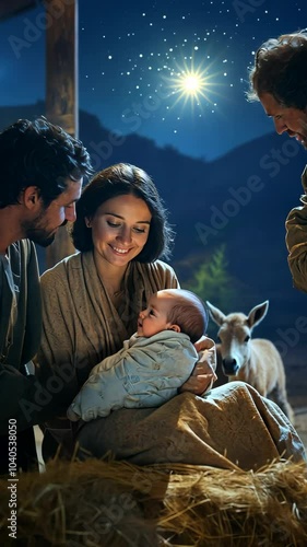 Virgin Mary holding baby Jesus Christ and Joseph looking them. Christmas nativity scene