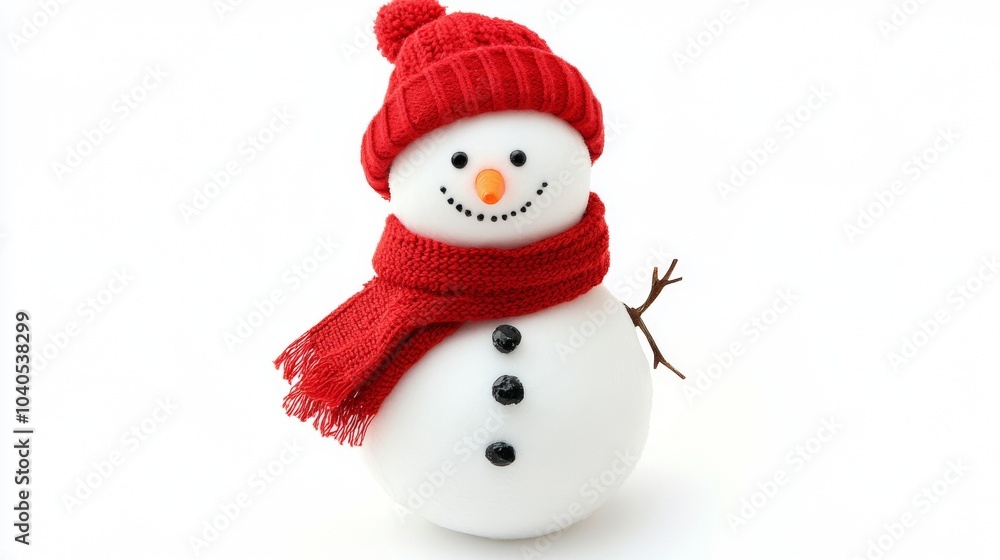 Cheerful snowman wearing a red hat and scarf in a winter setting with a bright white background Cheerful snowman wearing a red hat and scarf in a winter setting with a bright white background