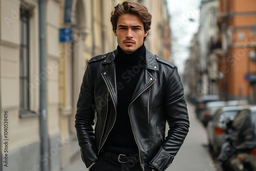 Young man wearing leather jacket stands confidently on urban street during la...