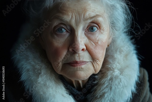 A thoughtful elderly woman wearing a warm coat and looking contemplatively to...