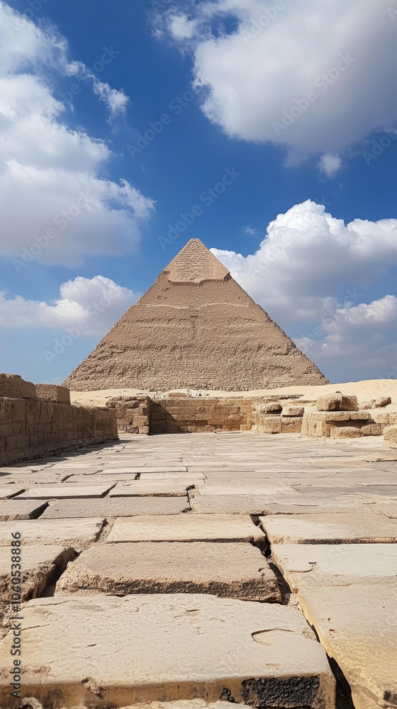majestic pyramid stands tall against backdrop of vibrant blue skies and fluffy clouds, showcasing grandeur of ancient architecture majestic pyramid stands tall against backdrop of vibrant blue skies and fluffy clouds, showcasing grandeur of ancient architecture
