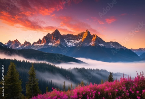 vibrant sunrise illuminating misty mountain peaks radiant colors soft clouds, dawn, colorful, landscape, sky, illumination, horizon, blue, orange, yellow