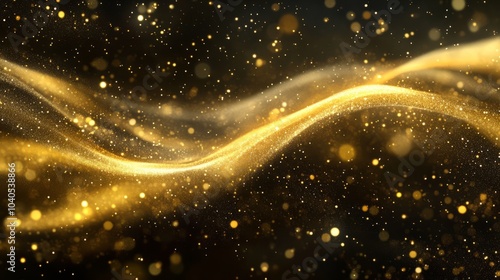 Sparkling golden wind with glowing dust and stars, swirling dynamically, isolated on a transparent background 