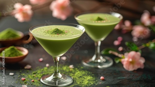 There are two green non-alcoholic cocktails with the taste of green apple on the bar photo