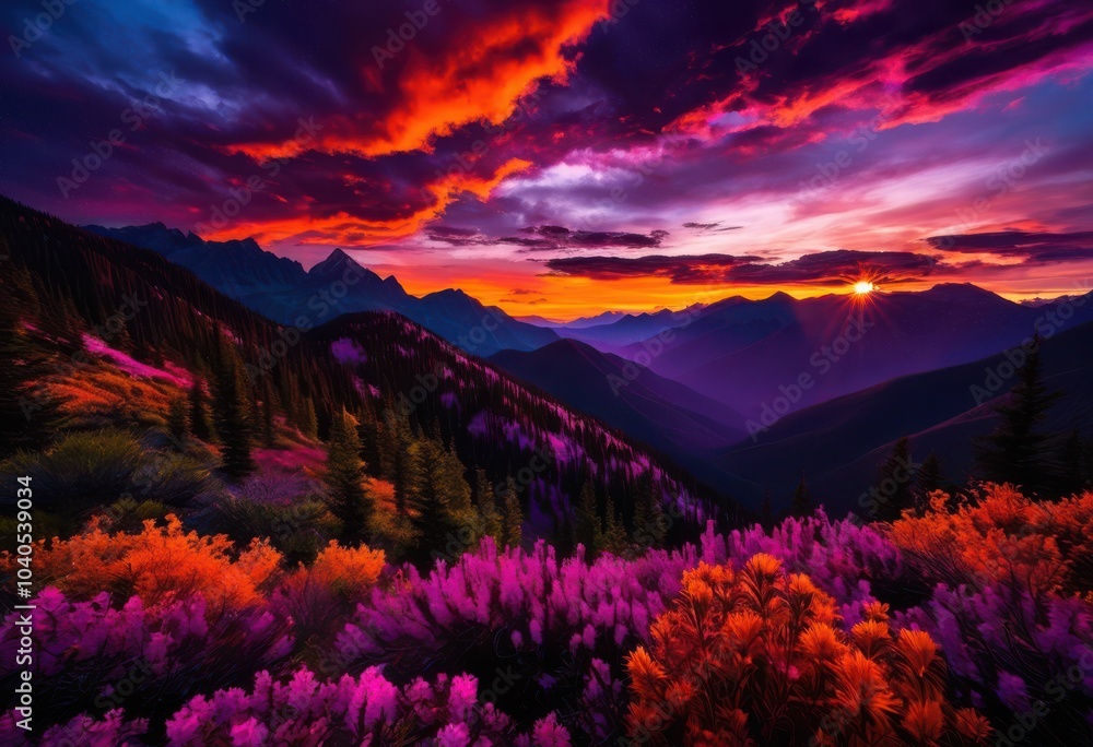 Fototapeta premium vibrant sunset casting rich hues over dramatic mountain vistas striking clouds lush vegetation silhouettes, sky, landscape, colors, horizon, scenery, beauty
